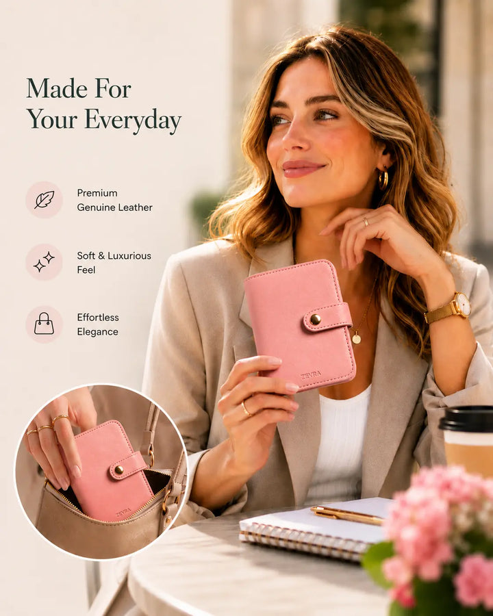 Woman holding a blush ZEVRA Click Wallet