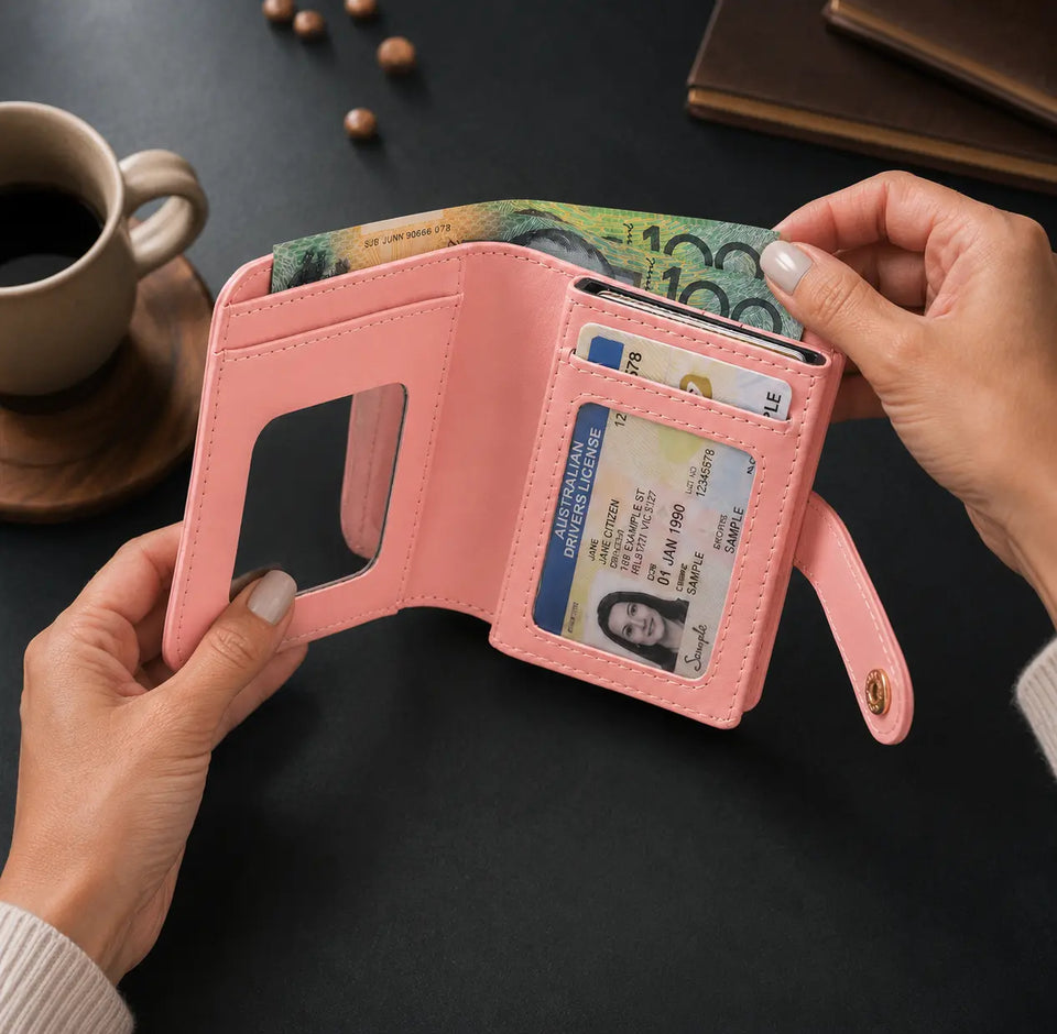 Open ZEVRA wallet showing cash, cards, transparent ID window and built-in mirror