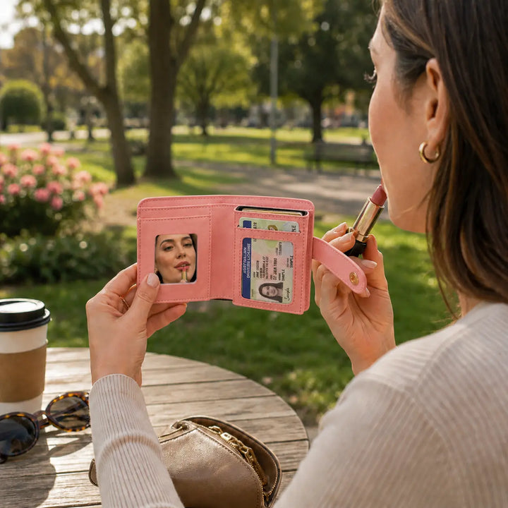 Woman using the built-in mirror in her ZEVRA wallet