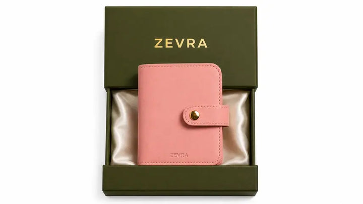 ZEVRA Click Wallet presented in its olive-green gift box