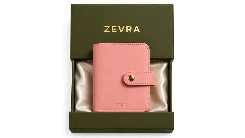 Blush Zevra Click Wallet presented in its olive-green gift box